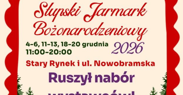 Urząd Miejski w Słupsku prowadzi nabór wystawców na jarmark bożonarodzeniowy w 2026 roku. Wydarzenie odbędzie się w trzy grudniowe weekendy: 4–6, 11–13 i 18–20 grudnia, w centrum miasta.